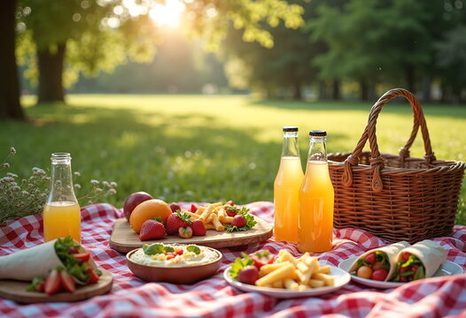 A vibrant picnic scene set in a lush park during sunset. A red and white checkered blanket is spread out on the grass.