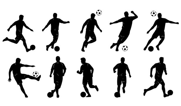 Soccer player silhouette vector set with football players in action poses kicking dribbling and running isolated on white background