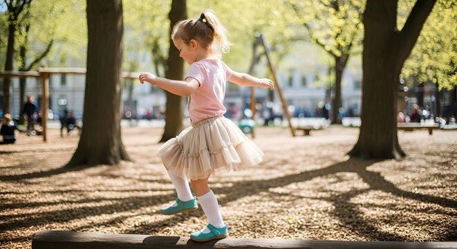 Joyful toddler balancing on wooden beam in lush park, embracing outdoor play and developing motor skills amidst vibrant greenery, a celebration of childhood and nature's playground.