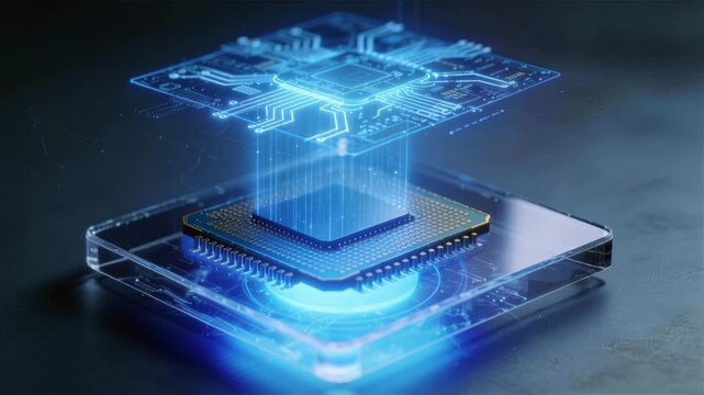 Cybernetic Core: Futuristic abstract composition featuring a glowing computer processor, embodying the power and complexity of modern technology.
