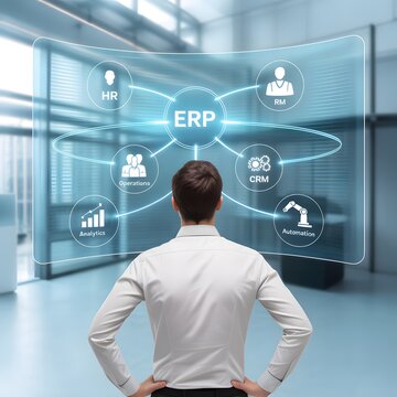 A businessman stands observing a large holographic screen displaying an "ERP" system hub with interconnected modules like HR, CRM, and Analytics.