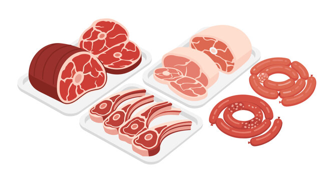 Various cuts of fresh raw beef steaks and lamb chops are displayed alongside coiled sausages on clean white plastic trays over a bright white backdrop.