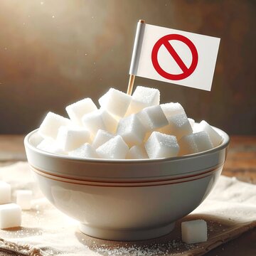 A bowl of sugar cubes with a prohibition sign