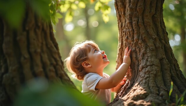 Little child touches rough tree bark in green forest. Kid explores nature, feels textures, learns outdoors. Happy baby enjoys sunny day, discovers plants and woods.