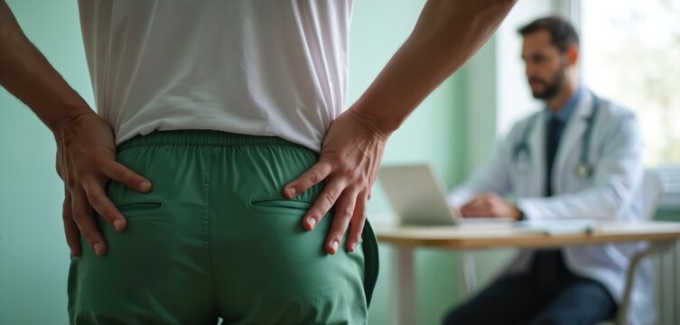 Man holds lower back area in doctor office indicating pain. Physician consults patient about digestive issue and discomfort. Medical exam, health problem, and symptom check.