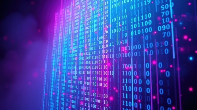 Digital rain streams down black background. Binary code glows, vibrant purple, blue hues dominate scene. Futuristic, technological aesthetic.