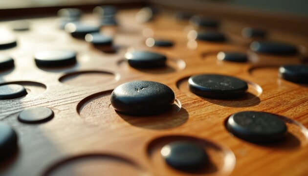 Close-up view of a board game with black stones on a wooden board. Strategy game pieces are set in circular recesses. Focus on tactical play and intellectual challenge.
