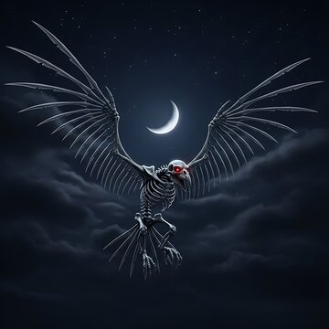 Skeleton bird flying under crescent moon.