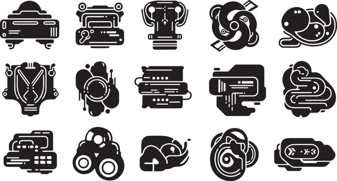 Collection of black and white robot icons