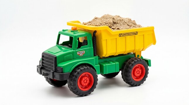 A miniature green and yellow plastic dump truck toy filled with small pebbles for construction play