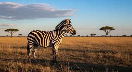 Fototapeta premium A zebra stands on a savanna, gazing at the horizon with acacia trees in the background
