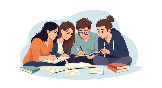 Group of students studying together in a circle with books and notes on the floor during a school project