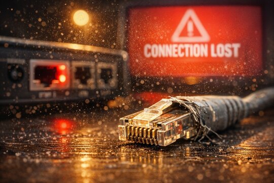 A severed network cable lies amid sparks and warning lights as a vivid connection lost message signals internet failure, cybersecurity risk, and urgent communication breakdown