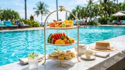 Obraz premium Elegant afternoon tea spread by a resort swimming pool with tropical palm trees