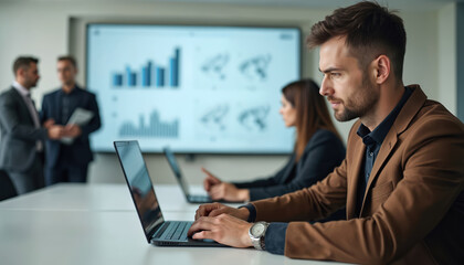 Fototapeta premium Man in brown suit works on laptop in conference room. Colleagues talk near screen showing business charts. Team meets for strategy planning and discussion.