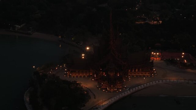 Aerial view of the sanctuary of truth at night in pattaya, thailand
