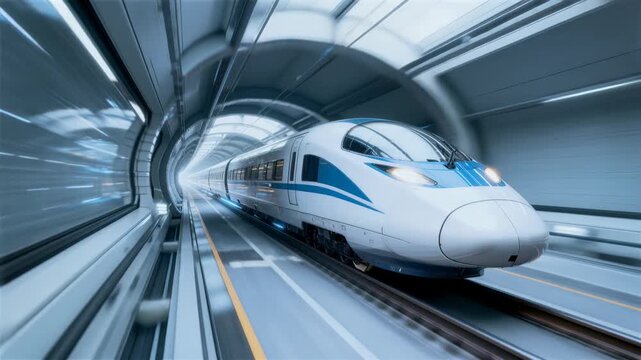 High-Speed Rail in Motion: A sleek high-speed train races through a tunnel, symbolizing progress and modern transportation. The image captures the dynamic energy of transit systems.