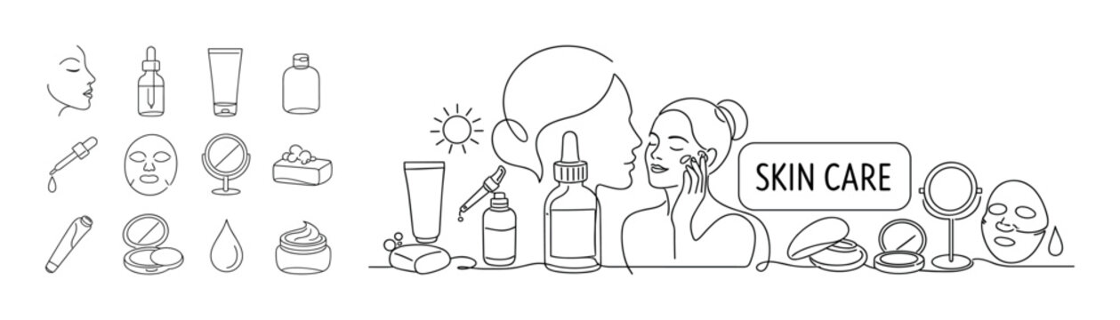 Line art collection of beauty and skincare products and routines for healthy skin