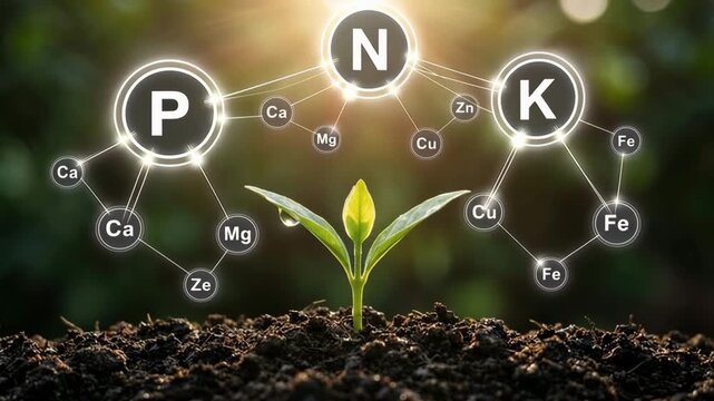 Smart Agriculture Concept of Plant Nutrition and NPK Fertilizer. Molecular Diagram Showing Seedling Growth with Chemical Symbols for Nitrogen, Phosphorus, Potassium and Minerals in Modern Farming.