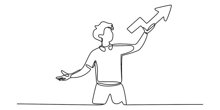 A single continuous line drawing of a person celebrating success by holding up a growth arrow Vector, illustration