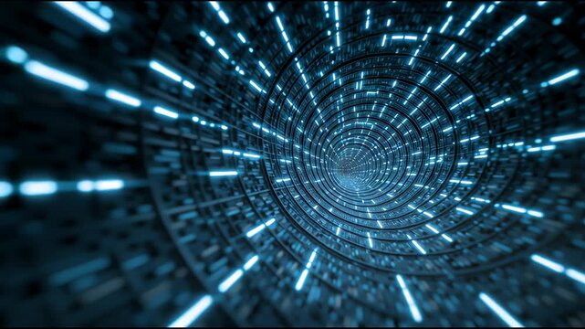 Explore a Glowing Blue Tunnel With Digital Effects in a Dark Setting While Moving Deeper Into the Visuals and Patterns of the Scene