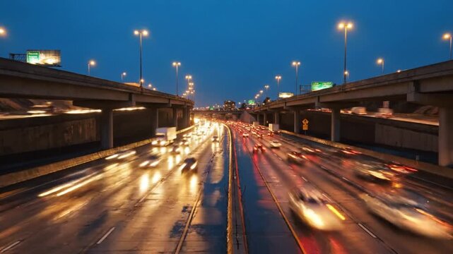 Evening rush hour traffic on a wet highway with bright streetlights and elevated road bridges, long exposure
