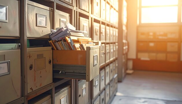 A cluttered office storage room with file drawers