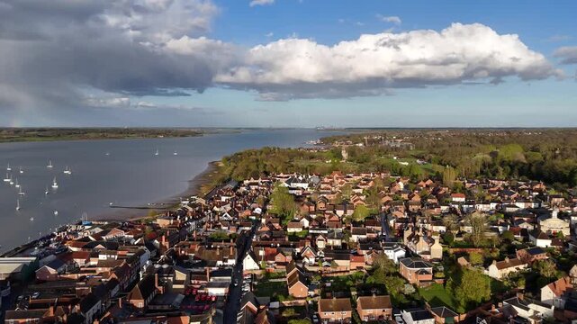 Aerial view of Manningtree, Essex, a town on the River Stour, under a cloudy sky