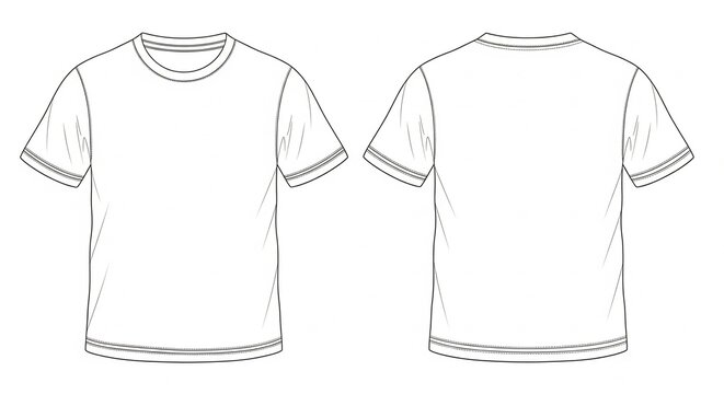 Front and back view of a blank white short-sleeved t-shirt with double stitched hem and neckline