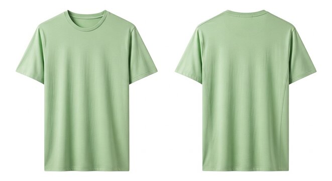 Front and back view of a light green short-sleeved crew neck t-shirt isolated on white background