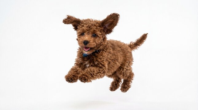 A happy brown poodle puppy leaping energetically in the air with its ears flapping in the wind