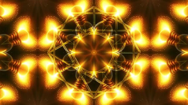 Seamless 4K60 loop. Complex 3D glass nonagram structure over a warm, evolving fractal kaleidoscope in glowing gold, amber, and deep green. Ideal for horizontal or vertical VJ sets and events.