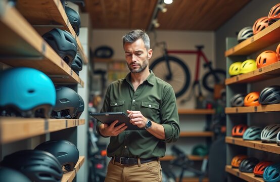 Man with tablet checks helmet stock in bike shop. Reviews inventory list, price information. Cycling store owner works on product management, organizing retail sales. Focused entrepreneur manages
