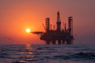Fototapeta premium Offshore oil platform at sunset silhouetted against a calm sea