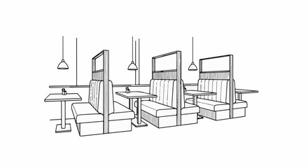 Naklejka premium Restaurant booths and tables with hanging lamps create a cozy dining atmosphere
