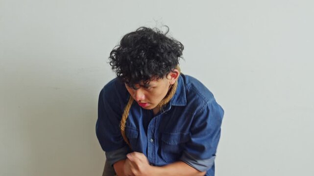 Hostage in denim shirt with rope noose tied around neck looking terrified and panicking