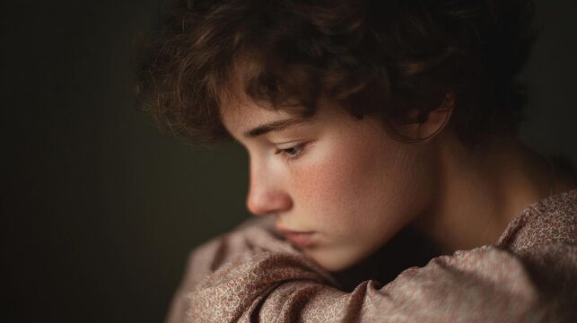 Close-up portrait of a young boy with curly hair. he appears to be deep in thought, with his eyes closed and his head resting on his arm. he is wearing a pink shirt with a floral pattern.
