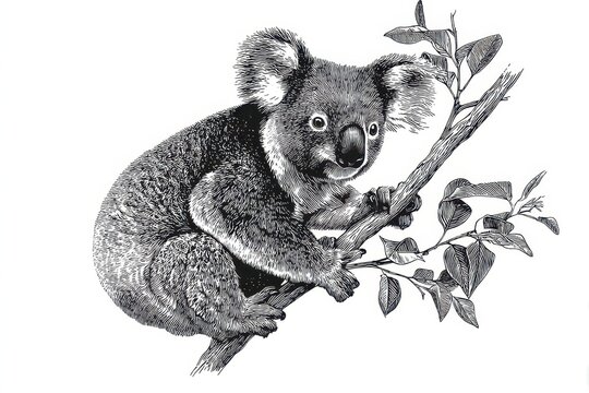 Pen and ink koala portrait with intricate line work on a plain white backdrop