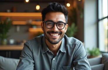Fototapeta premium Young Indian man with glasses smiles warmly, talking on a video call from his cozy home. He gestures enthusiastically, sharing news and ideas in a friendly online chat.