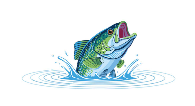 Large green and blue bass fish leaps energetically from concentric water ripples with its mouth wide open against a bright and clean white background for sport.