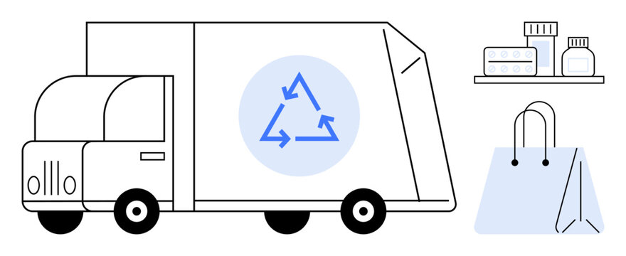 Environmental conservation, eco-friendly delivery, recycling, sustainable transportation, green packaging, waste reduction. Delivery truck with recycling symbol, shopping bag, and products