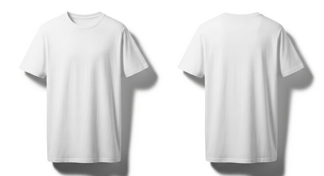 Front and back view of a blank white short-sleeved t-shirt mockup on a clean white background