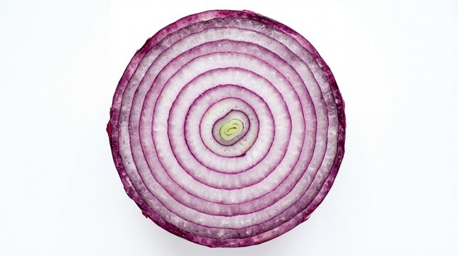 A detailed top down view of a fresh red onion slice showing its distinct internal ring structure