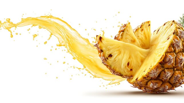 Fresh pineapple fruit cut into slices with a large yellow juice splash on a white background