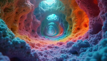 Fototapeta premium Colorful tunnel with porous cave walls leading to light. Abstract, psychedelic digital art forms intricate, swirling patterns with vibrant rainbow hues. Detailed organic structure.