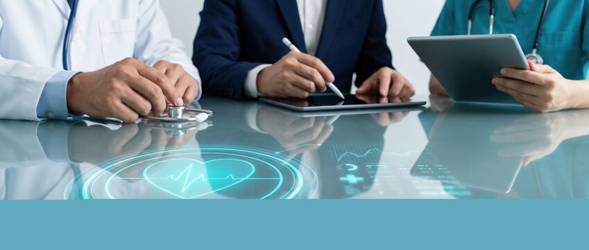 Collaborative healthcare meeting modern office professional discussion business environment close-up view teamwork and innovation in medical technology