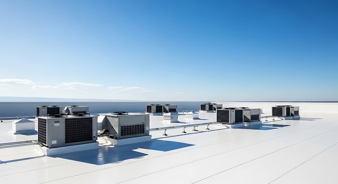 Array of mechanical HVAC units on a white rooftop under a bright blue sky