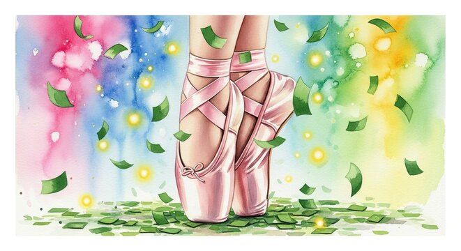 Ballet dancer in pink pointe shoes celebrating St. Patrick's Day with colorful confetti