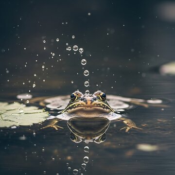 Frog Peeking Out of Water Surface.