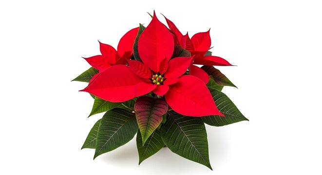 Vibrant poinsettia flower with lush green leaves and striking red bracts isolated on white background